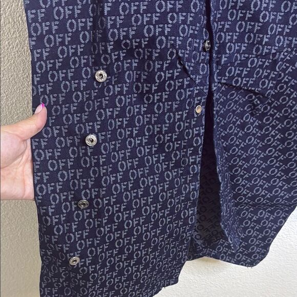 NWT- OFF-WHITE Navy Button-Up Shirt with Patterned logo Print- size 38 (Size 2) - Picture 15 of 16
